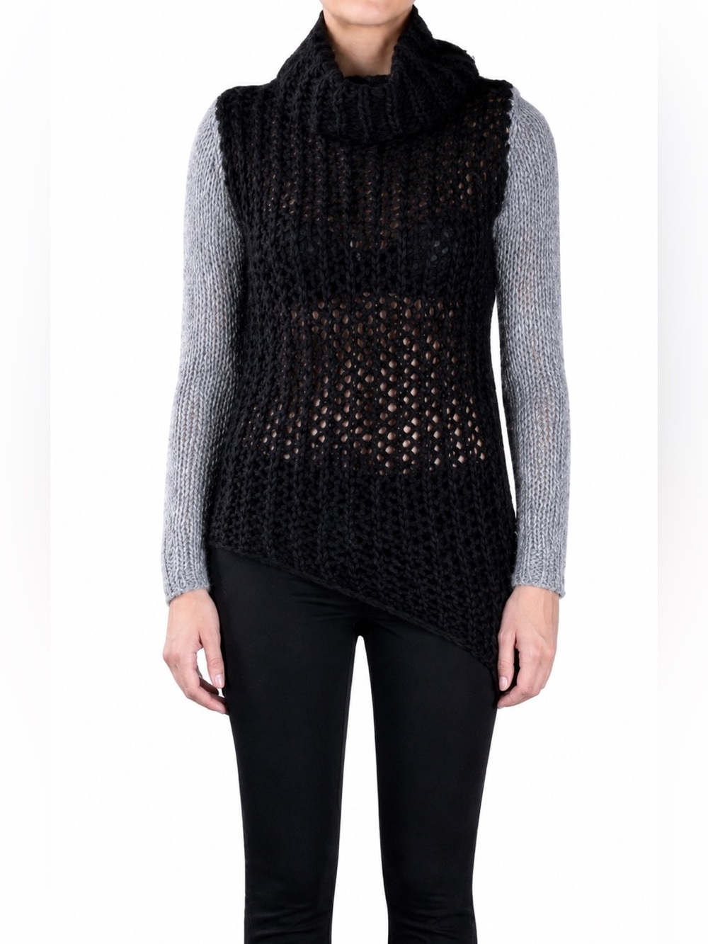 Helmut Lang Large Knit Black Turtle-neck / Hood Neck Gray Sweater P